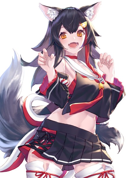 Anime picture 2150x3035 with virtual youtuber hololive ookami mio ookami mio (1st costume) takubon single long hair tall image looking at viewer blush fringe highres breasts open mouth light erotic black hair simple background smile hair between eyes large breasts