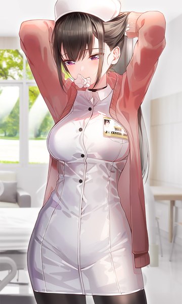 Anime picture 751x1251 with original kfr single long hair tall image blush fringe breasts black hair hair between eyes standing purple eyes holding payot looking away indoors open clothes arms up mouth hold adjusting hair