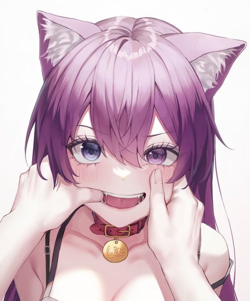Anime picture 850x1024 with original luxiel long hair tall image looking at viewer blush fringe breasts open mouth blue eyes light erotic simple background smile hair between eyes white background purple eyes animal ears purple hair :d cat ears