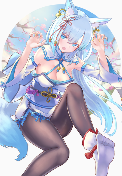 Anime picture 2589x3715 with original hayataku1234 single long hair tall image looking at viewer blush fringe highres breasts open mouth blue eyes light erotic hair between eyes white background sitting animal ears payot blue hair sky