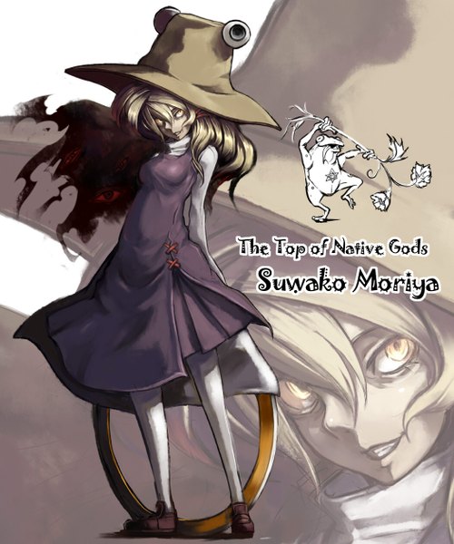 Anime picture 1050x1260 with touhou moriya suwako sasarekoube single long hair tall image blonde hair smile yellow eyes inscription zoom layer eyes girl hat