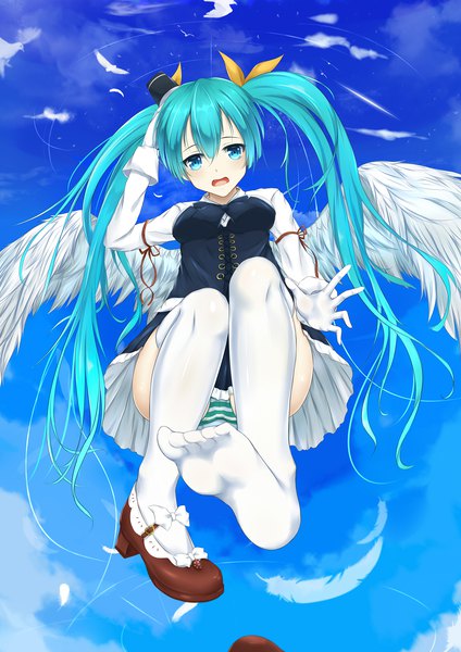 Anime picture 1500x2121 with vocaloid hatsune miku flan (seeyouflan) single long hair tall image looking at viewer open mouth light erotic twintails sky long sleeves arm up aqua eyes aqua hair angel wings upskirt single shoe girl thighhighs