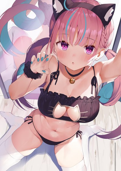 Anime picture 705x1000 with virtual youtuber hololive minato aqua gaou (umaiyo puyoman) single long hair tall image looking at viewer blush fringe breasts open mouth light erotic large breasts sitting purple eyes twintails animal ears payot cleavage