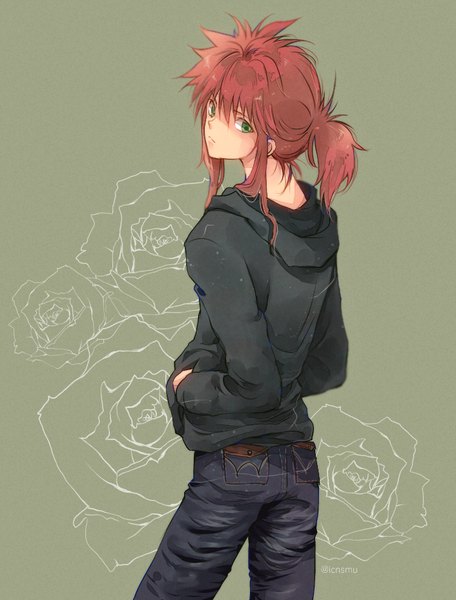 Anime picture 706x929 with yu yu hakusho kurama nagisa-a single long hair tall image looking at viewer fringe hair between eyes green eyes payot ponytail red hair looking back hands in pockets green background floral background boy hood hoodie