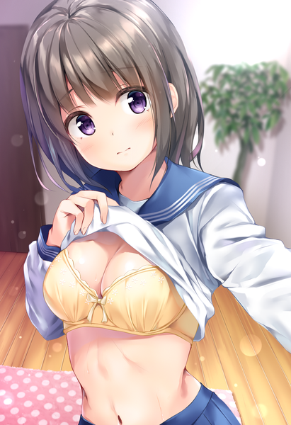 Anime picture 931x1358 with original pasdar single tall image looking at viewer blush fringe short hair breasts light erotic black hair standing purple eyes cleavage upper body indoors head tilt lens flare shirt lift self shot