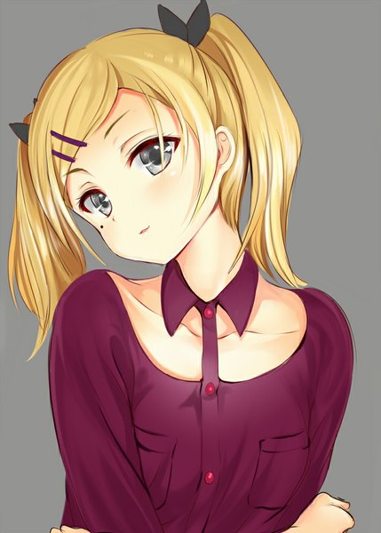 Anime picture 708x990 with shirobako p.a. works yano erika arudehido single long hair tall image looking at viewer blonde hair simple background twintails grey background mole grey eyes mole under eye girl hair ornament ribbon (ribbons) hair ribbon bobby pin