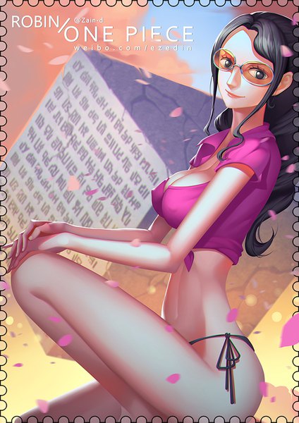 Anime picture 650x919 with one piece toei animation nico robin zhang ding single long hair tall image looking at viewer breasts blue eyes light erotic black hair smile signed payot cleavage ponytail lips bare legs short sleeves