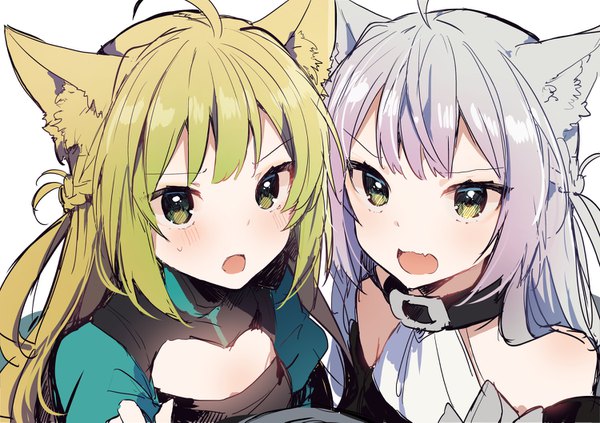 Anime picture 1500x1059 with fate (series) fate/grand order atalanta (fate) atalanta (alter) (fate) ikeuchi tanuma long hair looking at viewer blush fringe open mouth blonde hair simple background multiple girls green eyes animal ears payot silver hair purple hair upper body ahoge