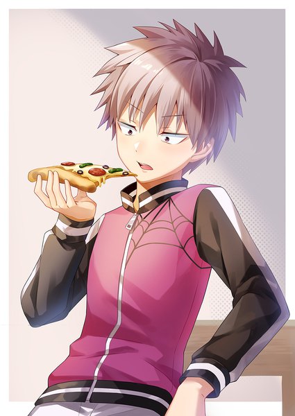 Anime picture 1000x1412 with kemono jihen tademaru shiki hoshiko (419401x) single tall image short hair open mouth simple background looking away upper body grey hair grey background border outside border boy food pizza