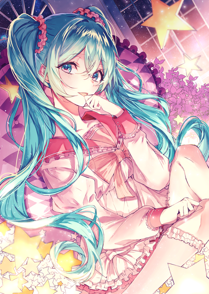 Anime picture 2528x3555 with vocaloid lol -lots of laugh- (vocaloid) hatsune miku ggatip single long hair tall image looking at viewer fringe highres hair between eyes twintails aqua eyes aqua hair hand to mouth sailor collar girl frills star (symbol) scrunchie