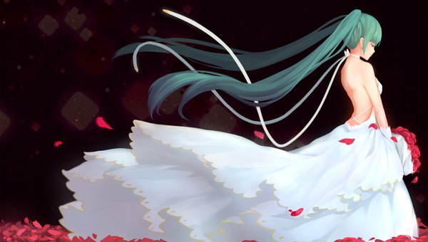Anime picture 2200x1250 with vocaloid hatsune miku dre single highres wide image twintails very long hair aqua eyes aqua hair back dark background girl dress flower (flowers) petals bouquet
