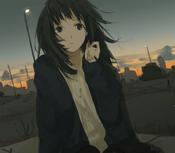 Anime picture 1330x1170 with original hanno single black hair sitting sky cloud (clouds) girl uniform school uniform building (buildings) lantern lamppost