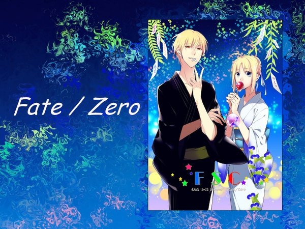 Anime picture 1280x960 with fate (series) fate/stay night fate/zero studio deen type-moon artoria pendragon (all) saber gilgamesh (fate) tagme (artist) long hair short hair blue eyes blonde hair red eyes standing green eyes traditional clothes japanese clothes inscription couple