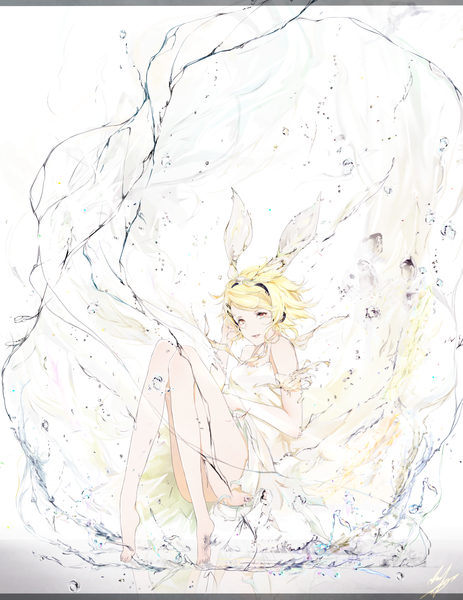Anime picture 1554x2014 with vocaloid kagamine rin marumoru single tall image looking at viewer short hair blonde hair yellow eyes bent knee (knees) barefoot bare legs reflection girl dress hair ornament ribbon (ribbons) hair ribbon water white dress