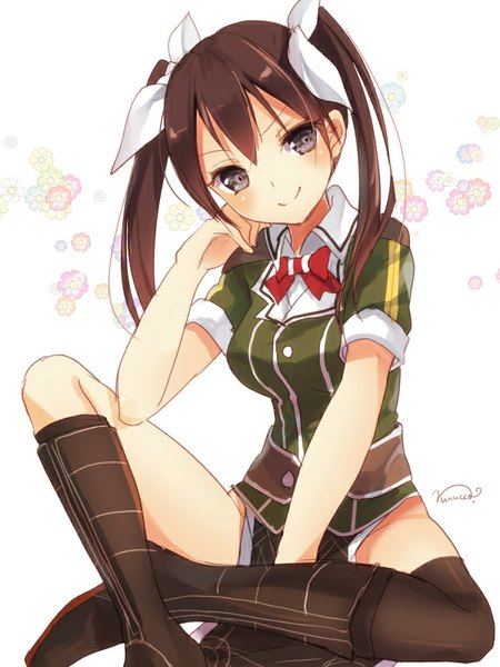 Anime picture 600x800 with kantai collection tone heavy cruiser nunucco single long hair tall image looking at viewer blush light erotic simple background smile brown hair white background sitting twintails signed black eyes arm support indian style girl