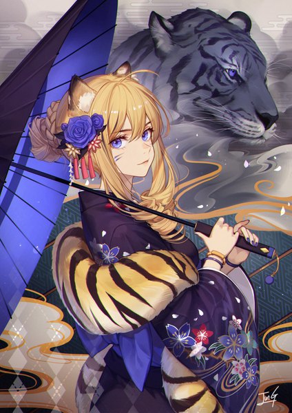 Anime picture 2000x2832 with original baek hyang single long hair tall image looking at viewer fringe highres blue eyes blonde hair hair between eyes standing holding signed animal ears ahoge braid (braids) traditional clothes japanese clothes hair flower