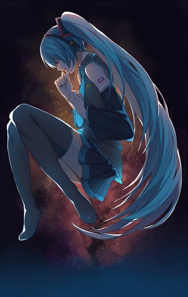 Anime picture 633x1000 with vocaloid hatsune miku agisuke single tall image twintails eyes closed very long hair profile aqua hair girl detached sleeves miniskirt necktie headphones