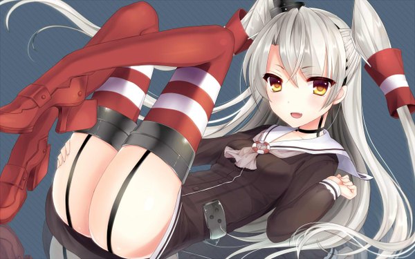 Anime picture 1280x800 with kantai collection amatsukaze destroyer wa sakaidera umeko single long hair looking at viewer blush open mouth light erotic yellow eyes white hair two side up legs girl thighhighs hat hair tubes mini hat mini top hat