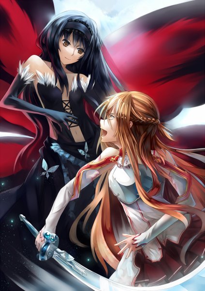 Anime picture 907x1282 with sword art online accel world sunrise (studio) a-1 pictures yuuki asuna kuroyukihime tsubasa19900920 long hair tall image open mouth black hair brown hair multiple girls brown eyes battle insect wings butterfly wings girl dress gloves