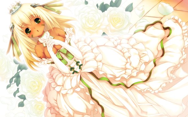 Anime picture 1440x900 with seirei tenshou christo pu hitomaru blush short hair wide image green eyes game cg white hair girl dress flower (flowers) wedding dress