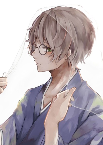 Anime picture 850x1200 with original asano (tomoli t) single tall image blush fringe short hair simple background white background green eyes upper body traditional clothes japanese clothes grey hair boy glasses yukata veil