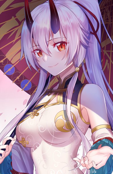 Anime picture 1000x1533 with fate (series) fate/grand order tomoe gozen (fate) gogatsu fukuin single long hair tall image looking at viewer blush fringe breasts simple background smile hair between eyes red eyes standing bare shoulders holding signed silver hair
