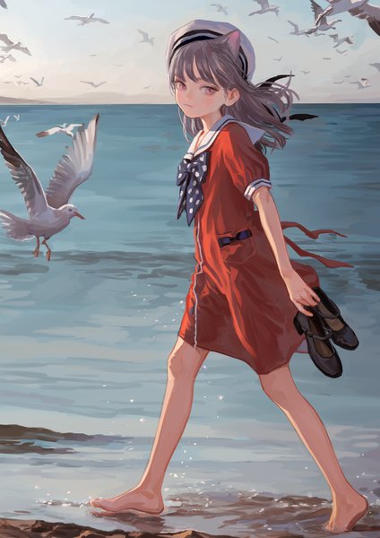 Anime picture 1000x1414 with original feiqizi (fkey) fkey single long hair tall image looking at viewer blush fringe standing holding animal ears sky full body outdoors blunt bangs pink eyes barefoot wind grey hair