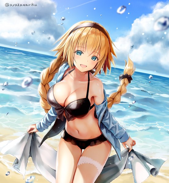 Anime picture 922x1000 with fate (series) fate/grand order fate/apocrypha jeanne d'arc (fate) (all) jeanne d'arc (swimsuit archer) ayakawa riku single long hair tall image blush breasts open mouth blue eyes light erotic blonde hair smile large breasts standing holding signed