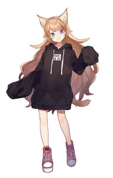 Anime picture 700x1100 with original shugao single long hair tall image looking at viewer fringe simple background brown hair standing white background purple eyes animal ears full body tail blunt bangs long sleeves head tilt animal tail multicolored hair