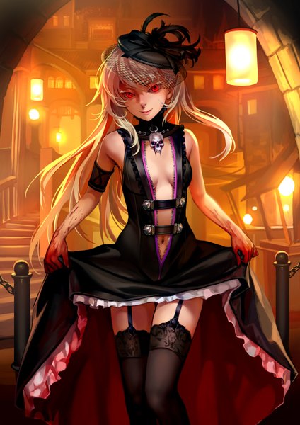 Anime picture 1188x1680 with original as109 single long hair tall image looking at viewer breasts light erotic smile red eyes holding bent knee (knees) white hair indoors no bra sleeveless smirk albino girl thighhighs