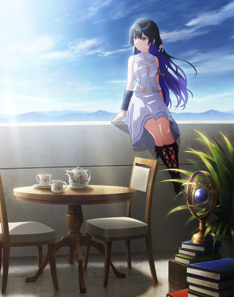 Anime picture 3000x3800 with unnamed memory tinasha (unnamed memory) single long hair tall image fringe highres black hair hair between eyes sitting purple eyes looking away sky cloud (clouds) full body braid (braids) multicolored hair sunlight official art sleeveless