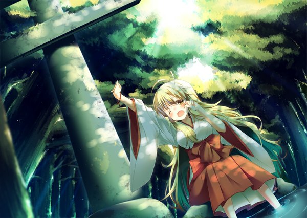 Anime picture 1100x782 with idolmaster idolmaster (classic) hoshii miki yamucha single long hair blush open mouth blonde hair yellow eyes traditional clothes japanese clothes one eye closed miko girl plant (plants) tree (trees) hakama hakama skirt