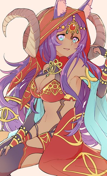 Anime picture 550x905 with fate (series) fate/grand order queen of sheba (fate) worrisorochi single long hair tall image looking at viewer blush fringe breasts blue eyes light erotic simple background large breasts sitting animal ears cleavage purple hair parted lips