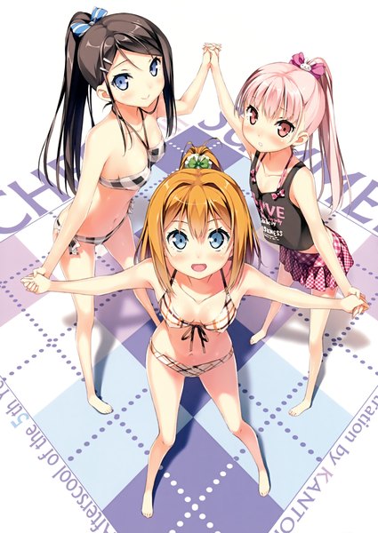 イラスト 2477x3500 と 5 nenme no houkago (artbook) オリジナル miyaguchi hiromi miyaguchi kei miyaguchi kanna カントク 長髪 長身像 赤面 前髪 highres 短い髪 おっぱい 青い目 light erotic 黒髪 multiple girls ピンク髪 ポニーテール ピンク目