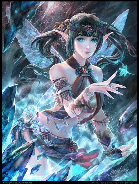 Anime picture 1000x1325 with original yu-han long hair tall image looking at viewer black hair twintails bare shoulders signed nail polish aqua eyes fingernails pointy ears bare belly elf long fingernails framed glow girl navel