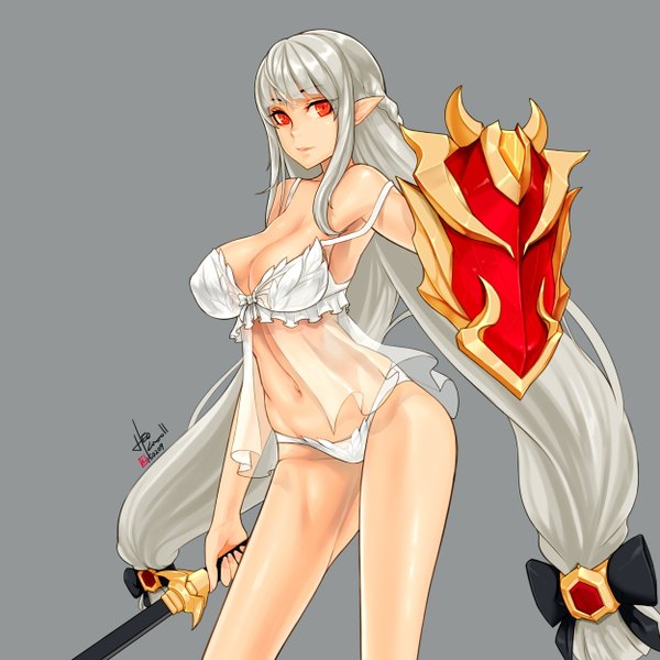 Anime picture 1250x1250 with dungeon and fighter caooll (co-ohol) single looking at viewer fringe breasts light erotic simple background red eyes twintails holding very long hair pointy ears grey hair grey background underwear only low twintails girl navel underwear
