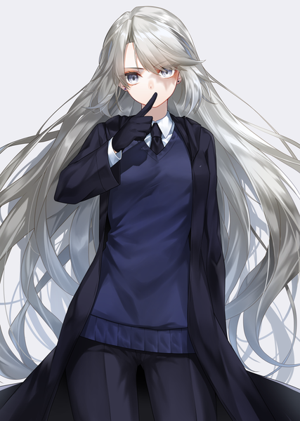 Anime picture 900x1265 with original lydia macarthur waka (shark waka) single tall image looking at viewer fringe simple background hair between eyes standing long sleeves very long hair arm up grey hair grey background open clothes grey eyes floating hair finger to mouth scar