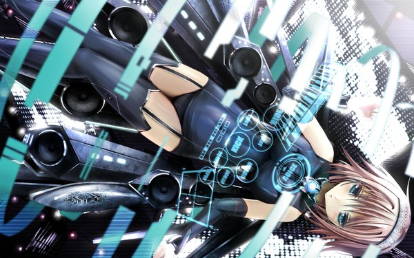Anime picture 1600x1000 with original missle228 single short hair blue eyes brown hair wide image skin tight girl thighhighs navel black thighhighs hairband garter straps bodysuit