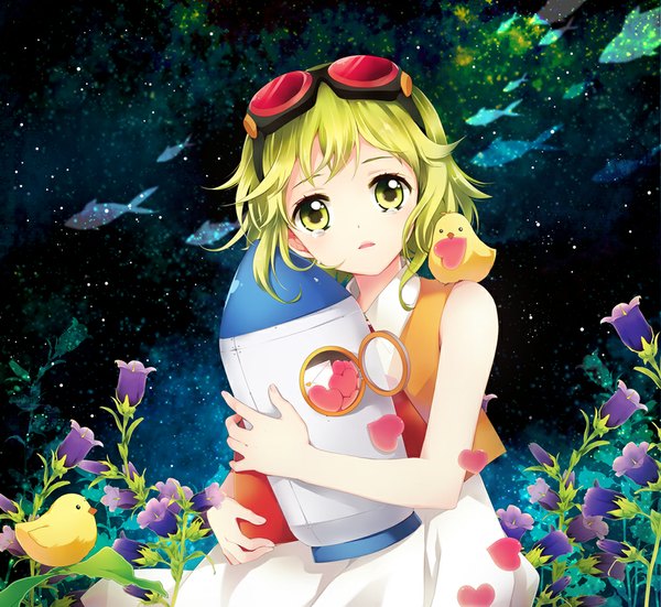 Anime picture 1000x919 with vocaloid gumi mca (dessert candy) single looking at viewer short hair bare shoulders green eyes green hair tears girl flower (flowers) animal glasses heart bird (birds) fish (fishes) spacecraft rocket ship