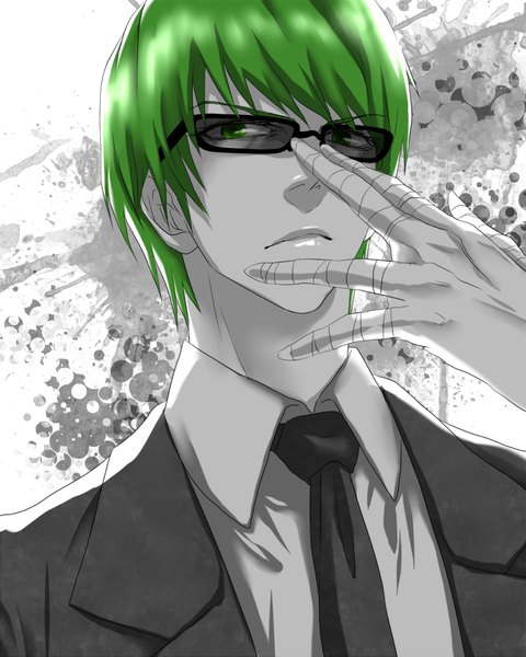 Anime picture 800x1000 with kuroko no basket production i.g midorima shintarou nayuta (hanayushi) single tall image looking at viewer fringe short hair green eyes green hair from below monochrome adjusting glasses partially colored boy glasses necktie bandage (bandages)