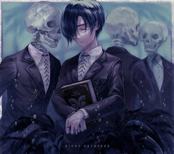 Anime picture 2000x1780 with original aki (xxparadexx) single fringe highres short hair black hair standing holding head tilt hair over one eye inscription grey eyes piercing looking down ear piercing skeleton boy shirt glasses