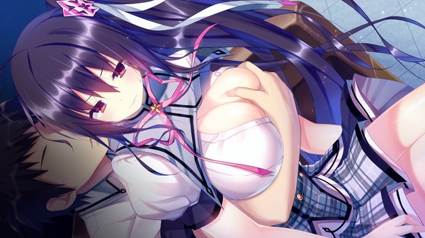 Anime picture 2560x1440 with shirogane x spirits! giga kamura masaki kino (kino konomi) long hair blush fringe highres breasts light erotic black hair wide image large breasts sitting purple eyes looking away game cg cleavage open clothes open shirt