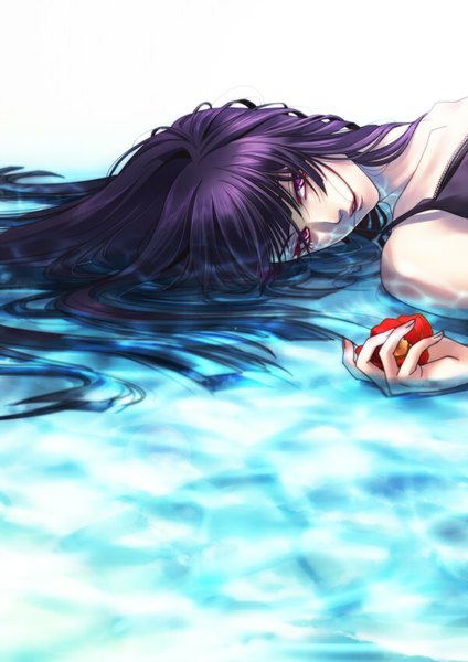Anime picture 600x848 with original mocchiri oyaji single long hair tall image looking at viewer fringe bare shoulders purple hair lying pink eyes reflection girl flower (flowers) water