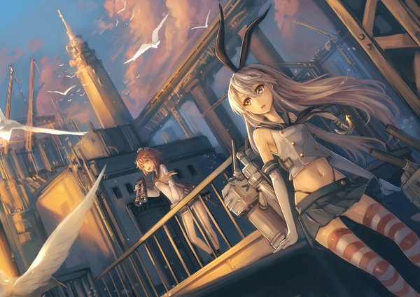 Anime picture 1403x992 with kantai collection shimakaze destroyer rensouhou-chan yukikaze destroyer ks long hair short hair open mouth brown hair multiple girls brown eyes yellow eyes sky silver hair cloud (clouds) girl thighhighs skirt gloves navel