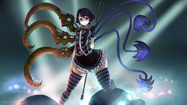 Anime-Bild 2400x1350 mit touhou houjuu nue kikimifukuri single looking at viewer highres short hair breasts black hair smile wide image purple eyes short sleeves alternate costume no shoes thighs skindentation light striped arm behind back