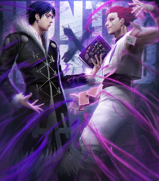 Anime picture 3080x3508 with hunter x hunter hisoka (hunter x hunter) chrollo lucilfer h.a (skfnxh5681) tall image highres short hair black hair smile standing holding yellow eyes pink hair absurdres profile arm up black eyes realistic multiple boys fur trim