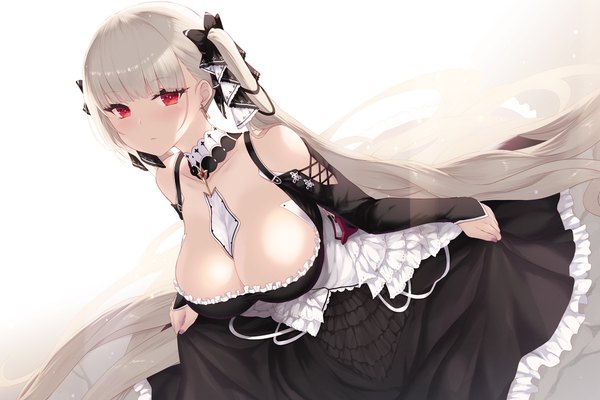 Anime picture 1920x1280 with azur lane formidable (azur lane) cait single looking at viewer blush fringe highres breasts light erotic simple background red eyes white background twintails bare shoulders cleavage blunt bangs very long hair from above grey hair