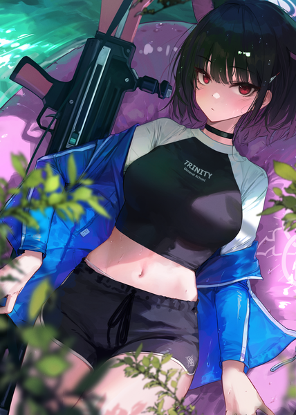 Anime-Bild 3472x4871 mit blue archive kazusa (blue archive) ggoc ill single tall image looking at viewer fringe highres short hair black hair red eyes animal ears absurdres outdoors lying blunt bangs blurry off shoulder open jacket midriff
