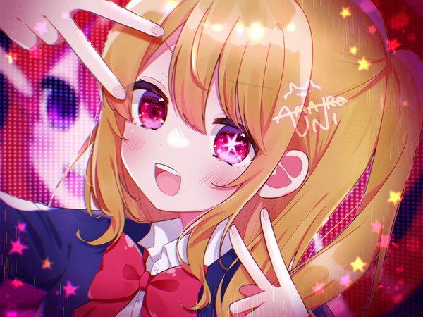 Anime picture 2048x1536 with oshi no ko hoshino ruby ligh xi single long hair looking at viewer blush fringe highres open mouth blonde hair smile hair between eyes upper body :d pink eyes teeth symbol-shaped pupils victory girl