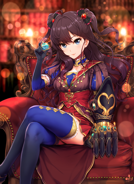 Anime picture 1000x1373 with fate (series) fate/grand order idolmaster idolmaster cinderella girls ichinose shiki leonardo da vinci (fate) infinote single long hair tall image looking at viewer fringe blue eyes brown hair sitting holding signed ahoge bent knee (knees) lips